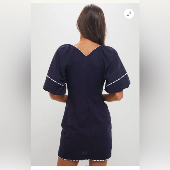 Tuckernuck Navy Striped Piping Keel Puff Sleeve Mini Dress with White Trim XS - Picture 4 of 5